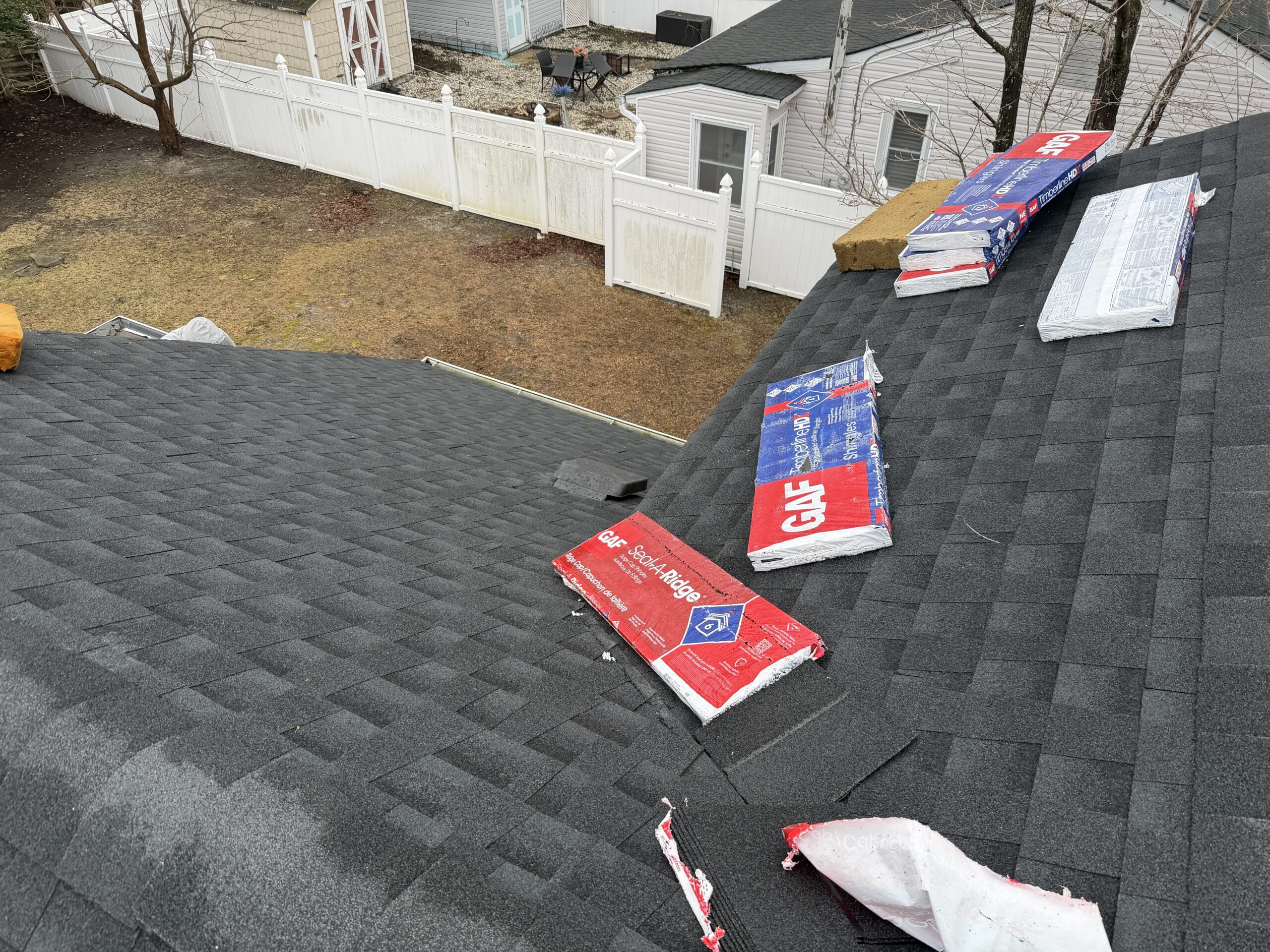 GAF Timberline HDZ shingles and Seal-A-Ridge ridge cap installed on a completed roof by G&C Home Improvements in Ocean County, NJ